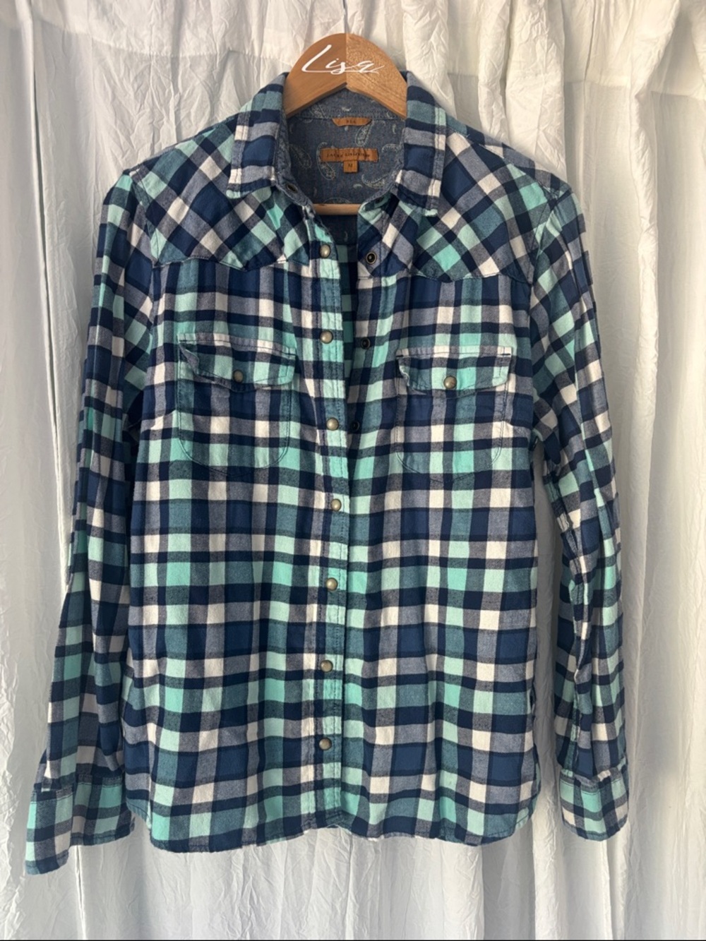 JACHS Girlfriend Navy, Mint & White Plaid Button-Up
